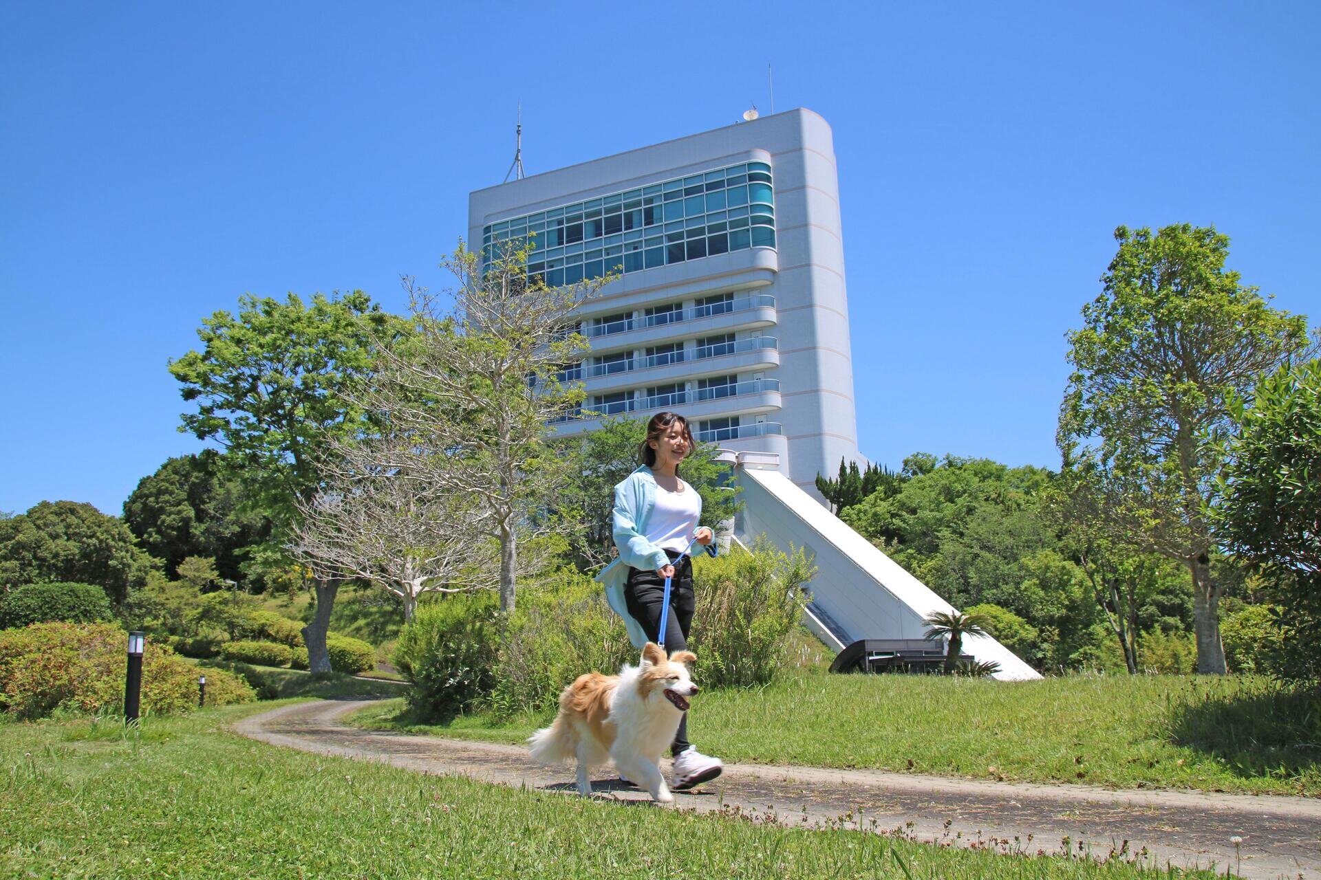 わんちゃんと一緒に散歩（ホテル敷地内）